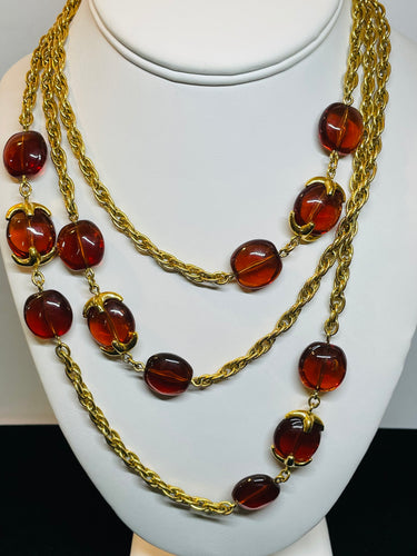 Crown Trifari Root Beer Bead and Gold Chain Necklace